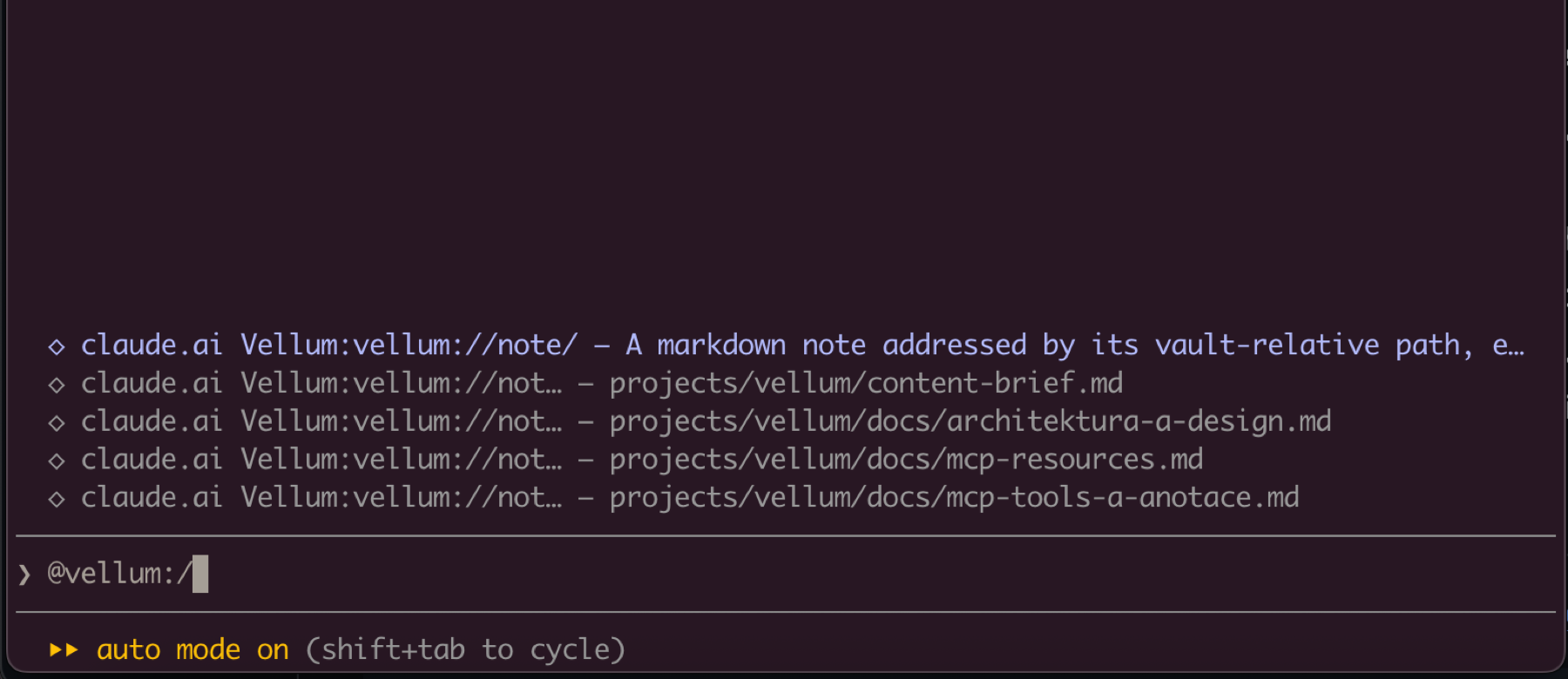 vellum notes surfaced in an MCP client's resource picker