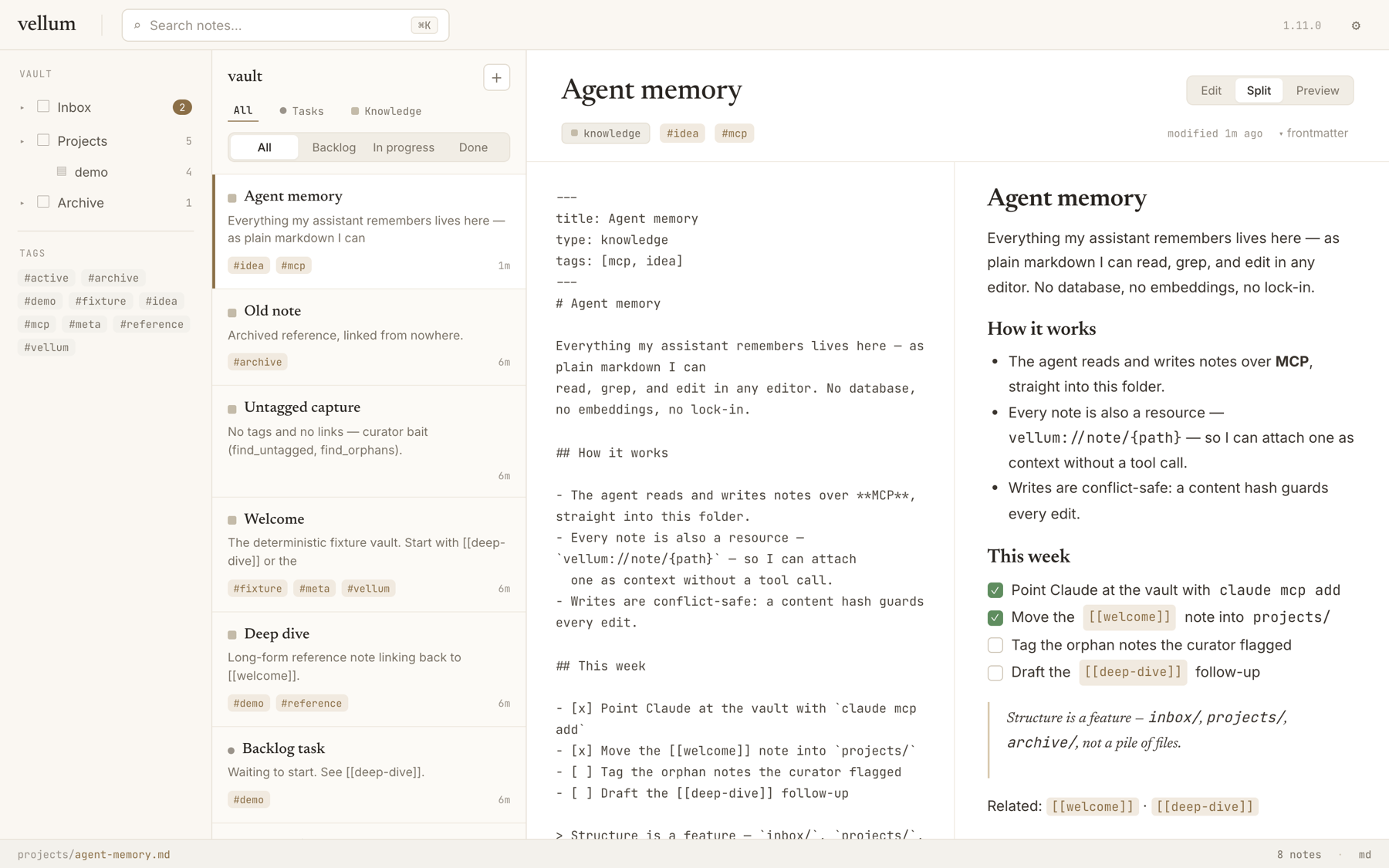 vellum three-pane workspace: vault tree, note list, split markdown editor